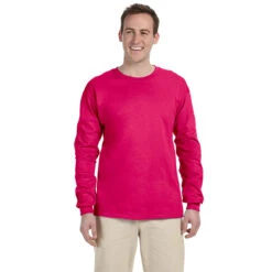 Fruit Of The Loom Men's Cyber Pink 5 Oz. HD Cotton Long-Sleeve T-Shirt