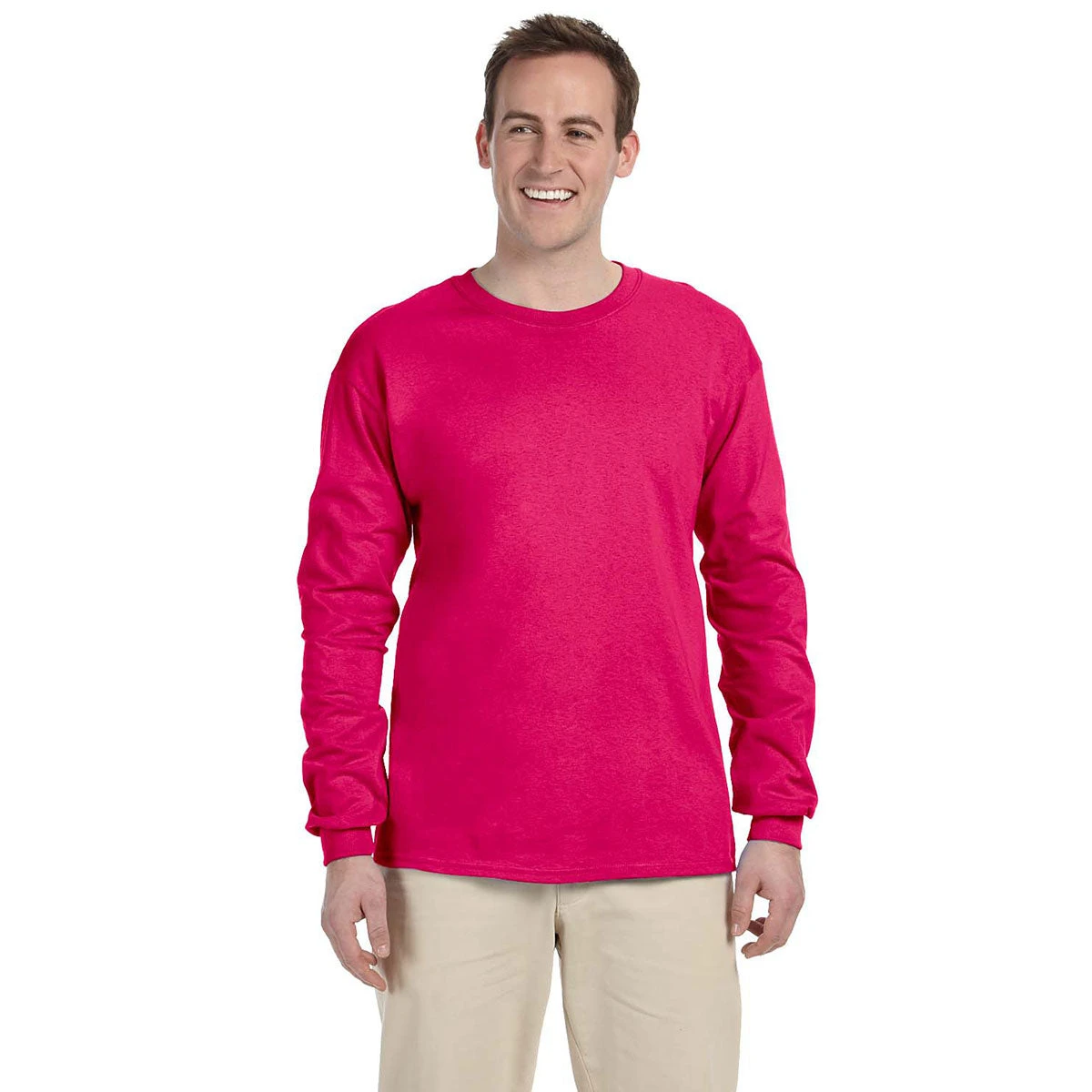Fruit Of The Loom Men's Cyber Pink 5 Oz. HD Cotton Long-Sleeve T-Shirt 1 Fruit Of The Loom Men's Cyber Pink 5 Oz. HD Cotton Long-Sleeve T-Shirt