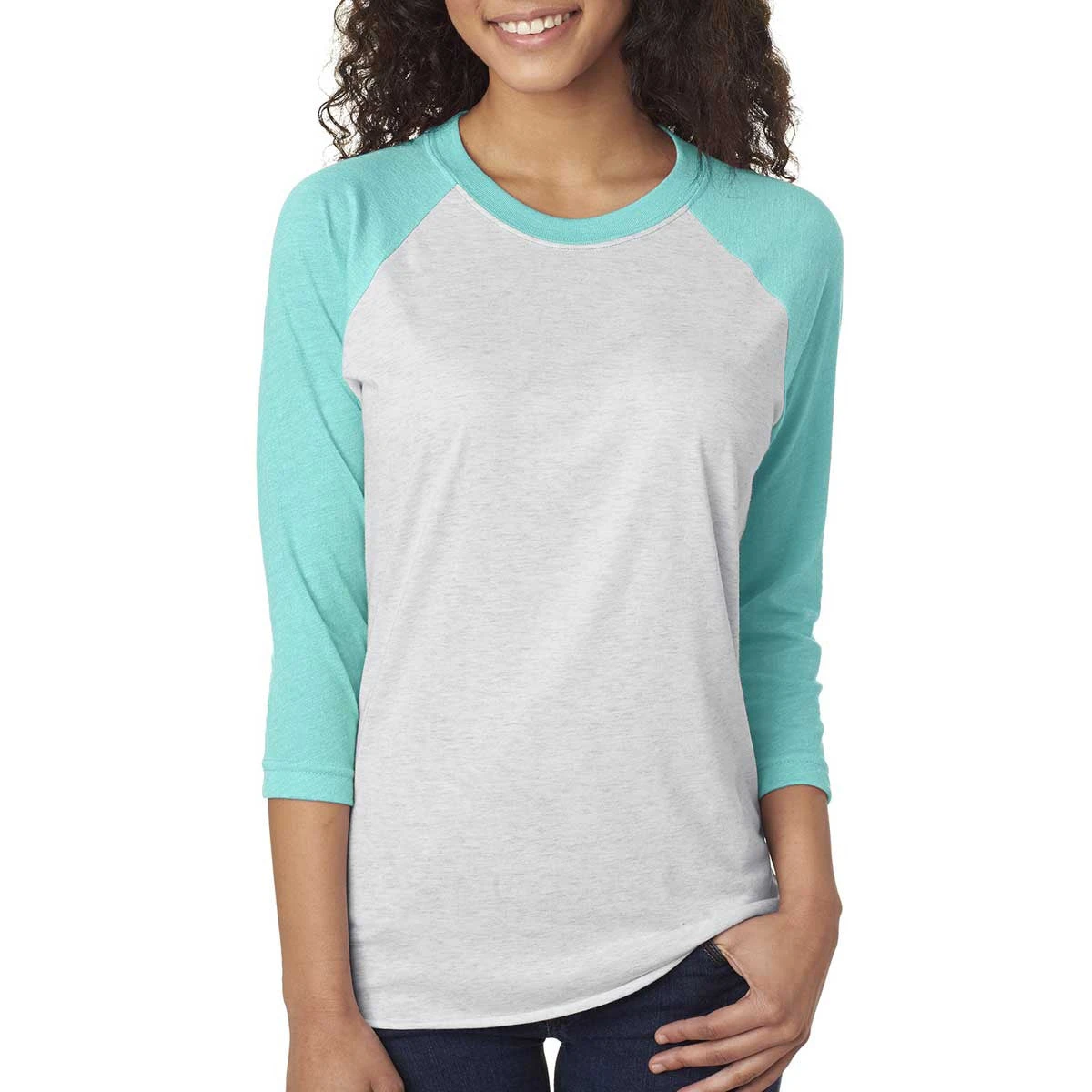 Next Level Unisex Tahiti Blue/Heather White Triblend 3/4-Sleeve Raglan Tee 2 Next Level Unisex Tahiti Blue/Heather White Triblend 3/4-Sleeve Raglan Tee - Image 2