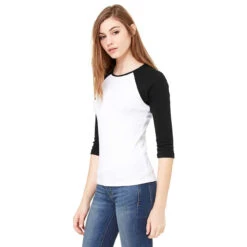 Bella + Canvas Women's White/Black Stretch Rib 3/4-Sleeve Contrast Raglan T-Shirt -Sportswear Shop B2000 White BlacK HTS