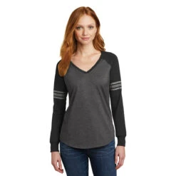 District Women's Heathered Charcoal/Black/Silver Game Long Sleeve V-Neck Tee -Sportswear Shop DM477 Heathered Charcoal Black Silver HTF