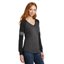 District Women's Heathered Charcoal/Black/Silver Game Long Sleeve V-Neck Tee -Sportswear Shop DM477 Heathered Charcoal Black Silver HTS