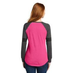 District Women's Heathered Dark Fuchsia/Heathered Charcoal/Black Game Long Sleeve V-Neck Tee -Sportswear Shop DM477 Heathered Dark Fuchsia Heathered Charcoal Black HTB