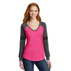 District Women's Heathered Dark Fuchsia/Heathered Charcoal/Black Game Long Sleeve V-Neck Tee -Sportswear Shop DM477 Heathered Dark Fuchsia Heathered Charcoal Black HTF