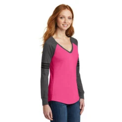 District Women's Heathered Dark Fuchsia/Heathered Charcoal/Black Game Long Sleeve V-Neck Tee -Sportswear Shop DM477 Heathered Dark Fuchsia Heathered Charcoal Black HTS
