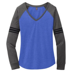 District Women's Heathered True Royal/Heathered Charcoal/Black Game Long Sleeve V-Neck Tee