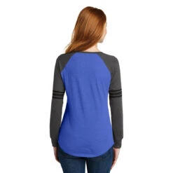 District Women's Heathered True Royal/Heathered Charcoal/Black Game Long Sleeve V-Neck Tee -Sportswear Shop DM477 Heathered True Royal Heathered Charcoal Black HTB
