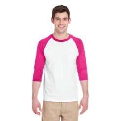 Gildan Unisex White/Heliconia 5.3 Oz. 3/4-Raglan Sleeve T-Shirt