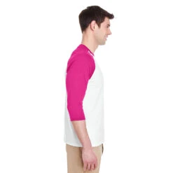 Gildan Unisex White/Heliconia 5.3 Oz. 3/4-Raglan Sleeve T-Shirt -Sportswear Shop G570 White Heliconia HTS