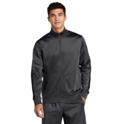 Sport-Tek Men's Graphite Grey/Black Tricot Track Jacket -Sportswear Shop JST94 Graph Grey Blk HTF