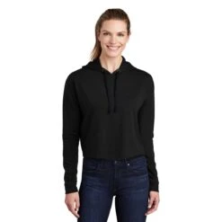Sport-Tek Women's Black Triad Solid PosiCharge Tri-Blend Wicking Fleece Crop Hoodie -Sportswear Shop LST298 Black Triad Solid HTF