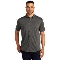 OGIO Men's Dark Heather Grey Gravitate Full-Button Polo -Sportswear Shop OG141 Dark Heather Grey HTF