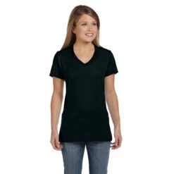 Hanes Women's Black 4.5 Oz. 100% Ringspun Cotton Nano-T V-Neck T-Shirt
