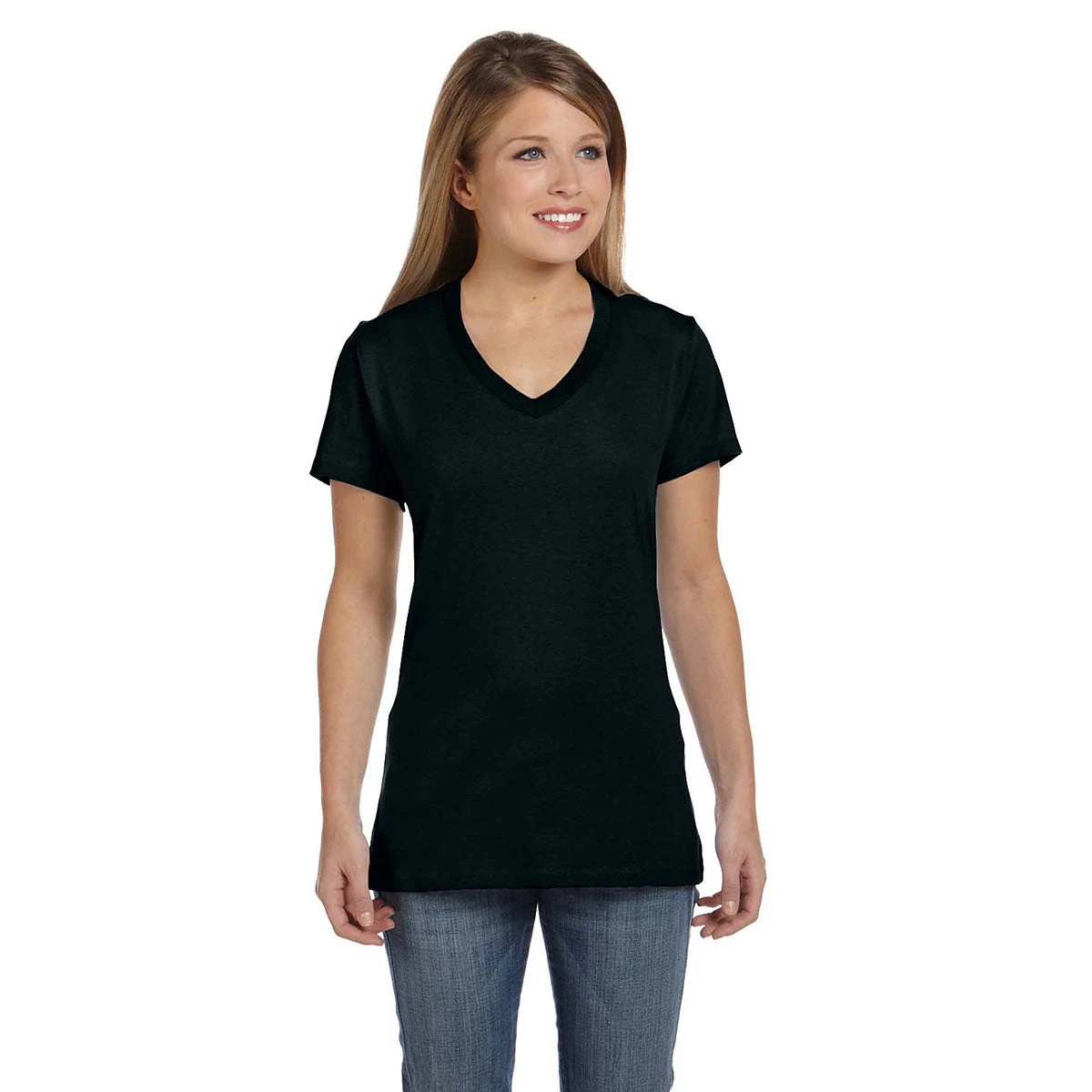 Hanes Women's Black 4.5 Oz. 100% Ringspun Cotton Nano-T V-Neck T-Shirt 1 Hanes Women's Black 4.5 Oz. 100% Ringspun Cotton Nano-T V-Neck T-Shirt